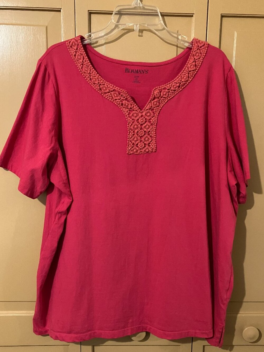 Roman's Size 1X (22/24) Dark Pink with Embroidery at Neckline Short Sleeve Top.